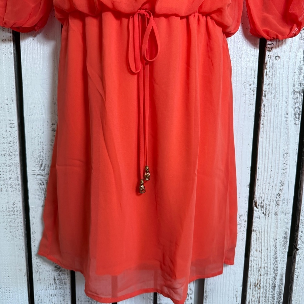 City Of Triangles Off Shoulder Dress Size Medium Short Elastic Waist Orange Boho - Picture 8 of 15